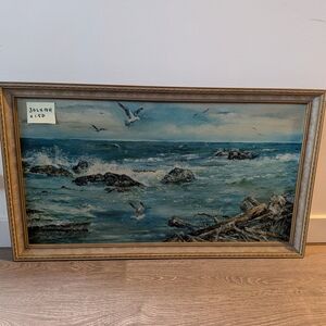 Seascape Painting with Driftwood and Seagulls